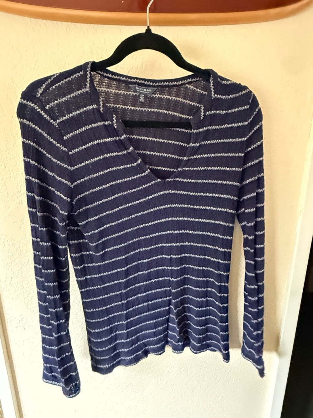 Lucky Brand Navy and White Striped Long Sleeve V-Neck Top